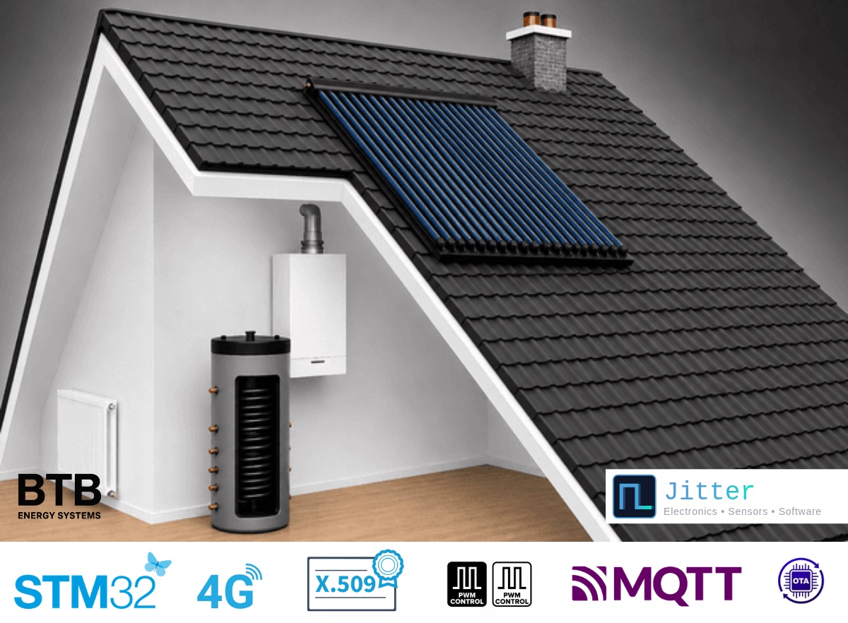 Zonneboiler van BTB Energy met de gebruikte technologie: STM32, 4G, X.509, PWM-aansturing, MQTT en OTA-updates