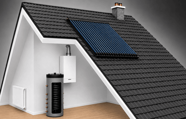 Zonneboiler van BTB Energy Systems met collectoren op het dak en buffervat op zolder